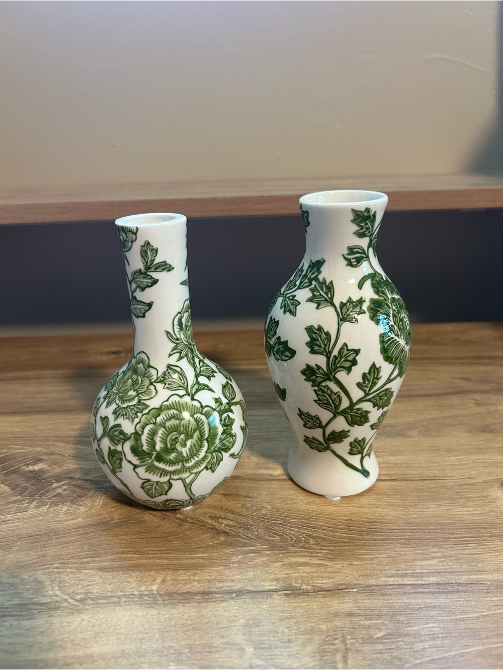 Off White Ceramic Bud Vase Pair with Green Floral Motif